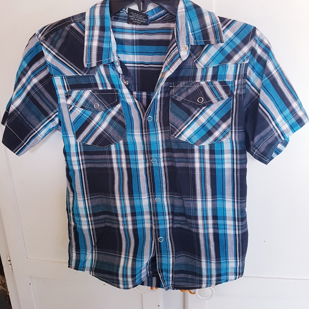 Boys Blue Plaid Button Up - Medium